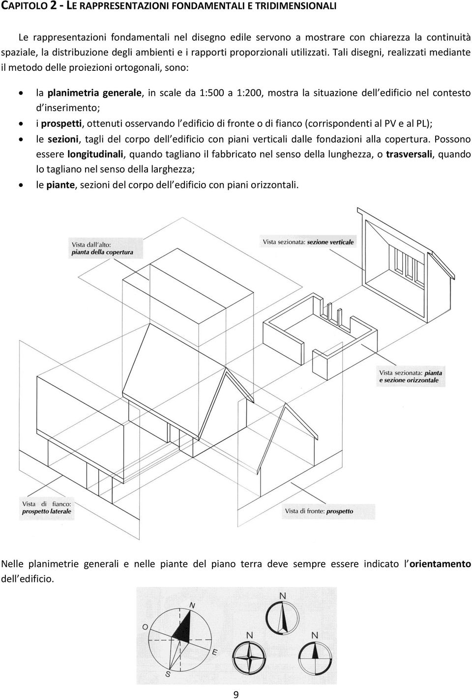 Tali disegni, realizzati mediante il metodo delle proiezioni ortogonali, sono: la planimetria generale, in scale da 1:500 a 1:200, mostra la situazione dell edificio nel contesto d inserimento; i