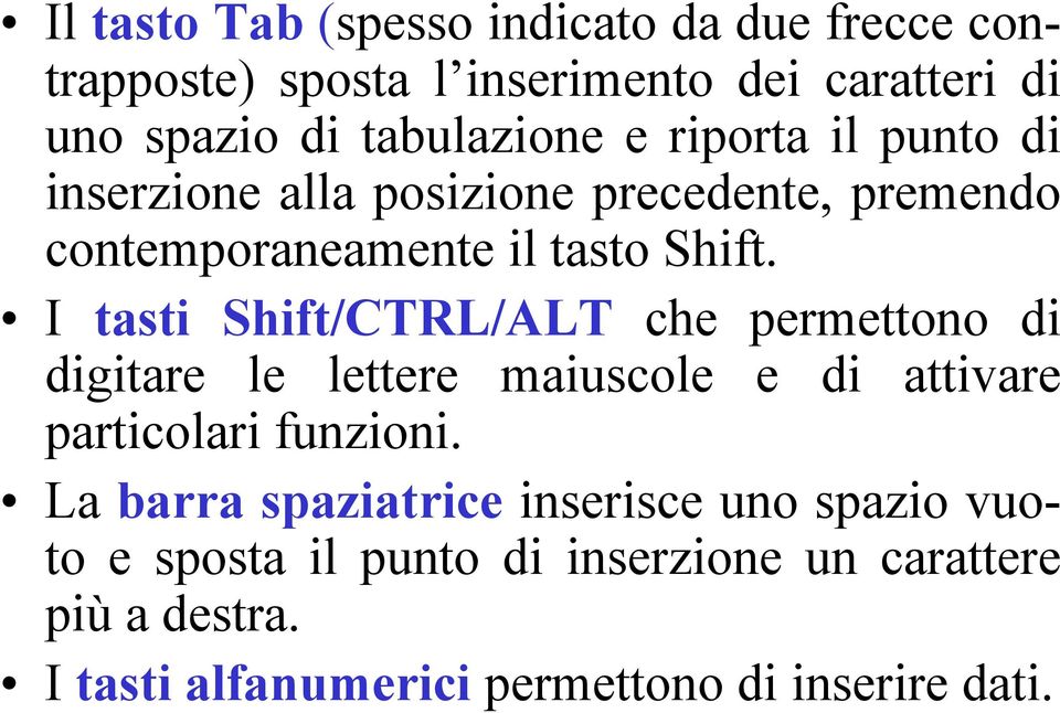 I tasti Shift/CTRL/ALT che permettono di digitare le lettere maiuscole e di attivare particolari funzioni.