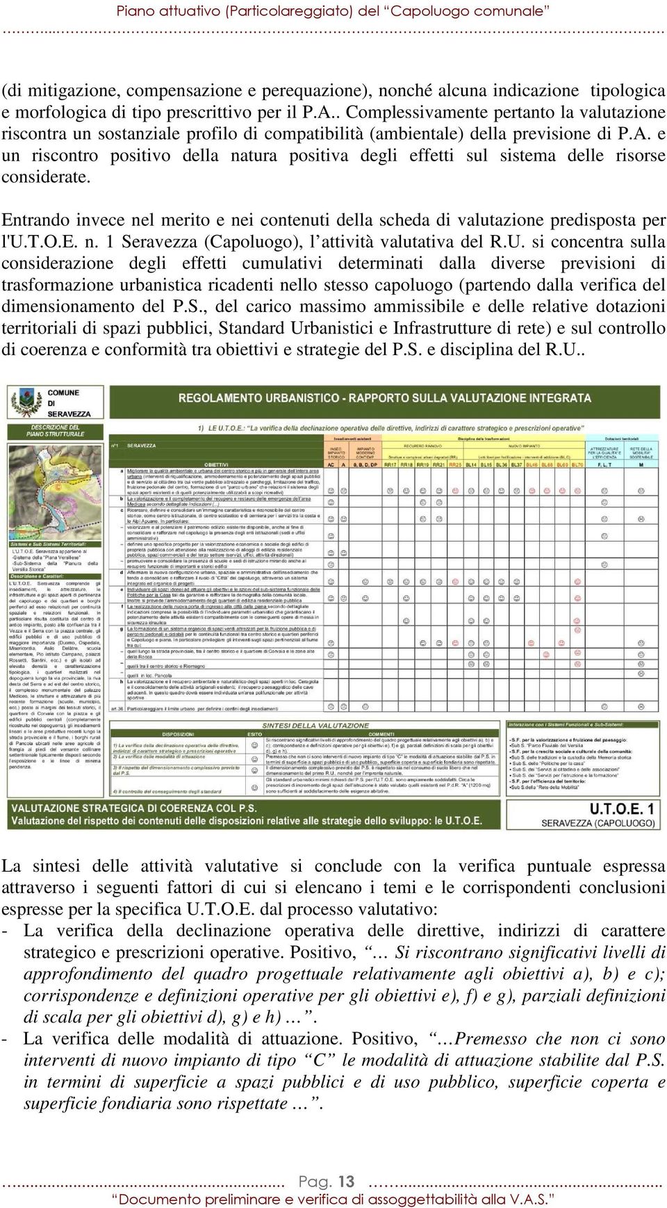 e un riscontro positivo della natura positiva degli effetti sul sistema delle risorse considerate. Entrando invece nel merito e nei contenuti della scheda di valutazione predisposta per l'u.t.o.e. n. 1 Seravezza (Capoluogo), l attività valutativa del R.