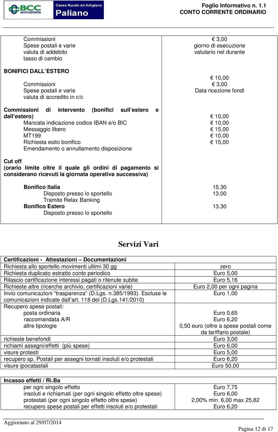 15,00 10,00 15,00 Cut off (orario limite oltre il quale gli ordini di pagamento si considerano ricevuti la giornata operativa successiva) Bonifico Italia Disposto presso lo sportello Tramite Relax