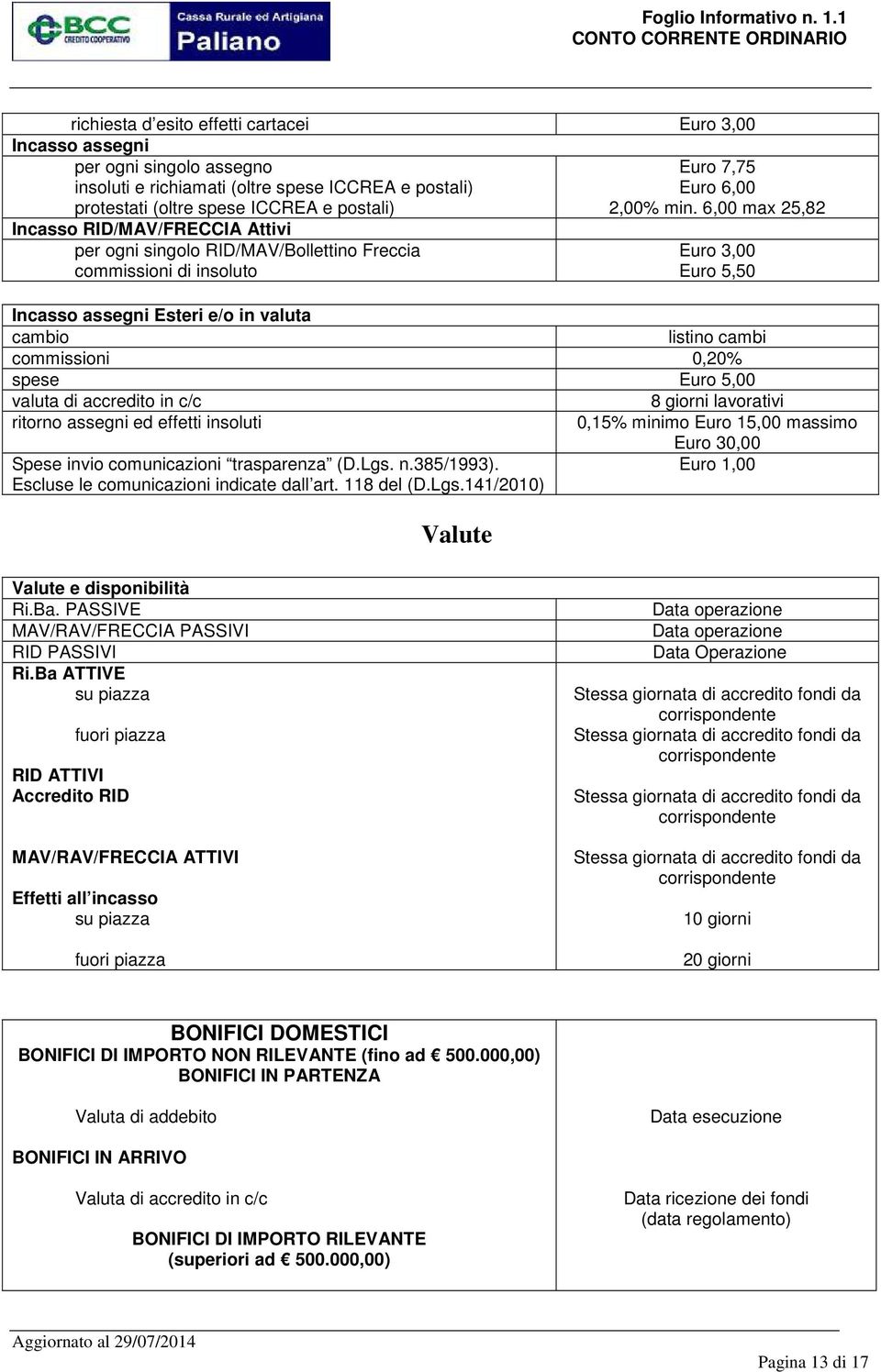 6,00 max 25,82 Euro 3,00 Euro 5,50 Incasso assegni Esteri e/o in valuta cambio listino cambi commissioni 0,20% spese Euro 5,00 valuta di accredito in c/c 8 giorni lavorativi ritorno assegni ed