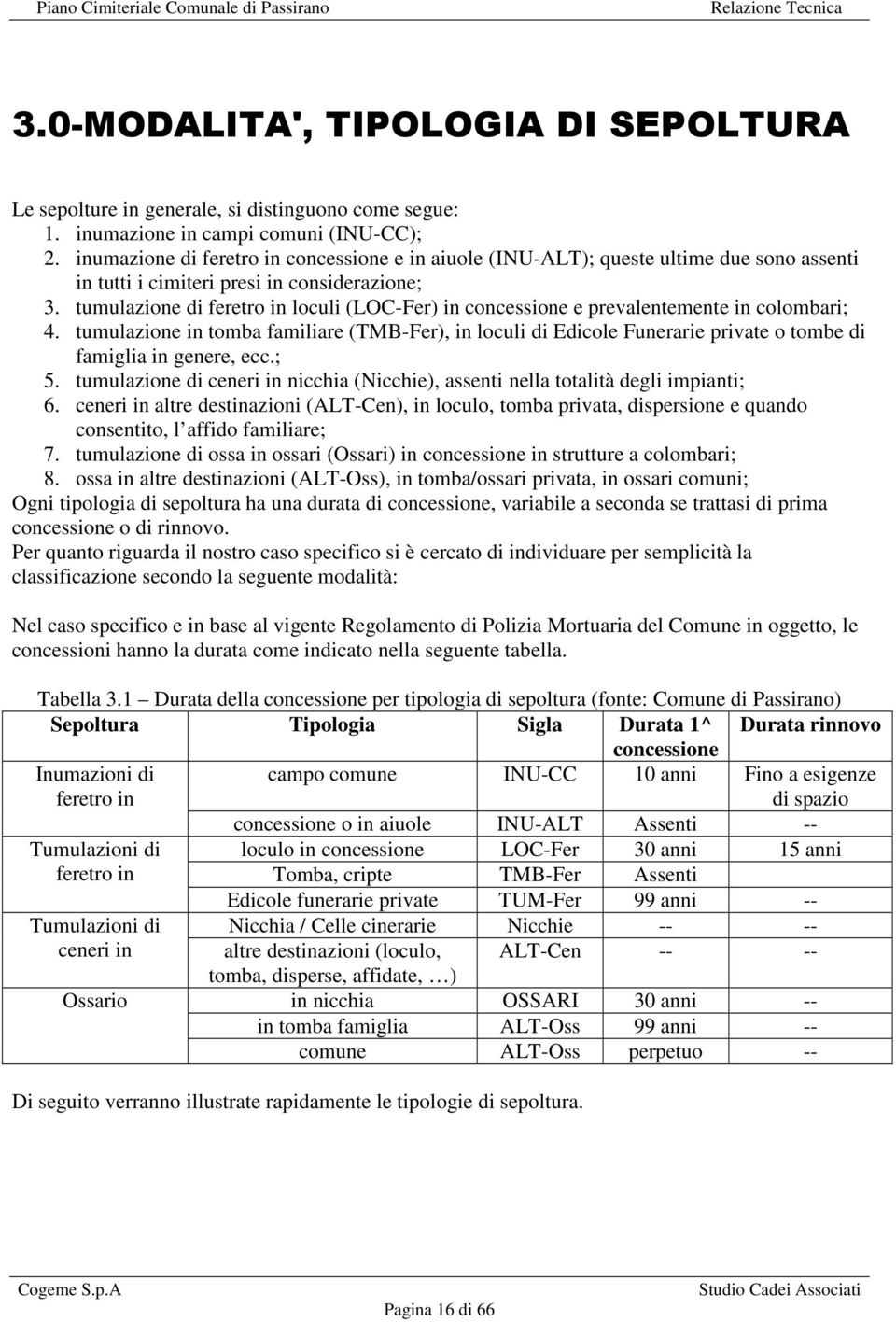 tumulazione di feretro in loculi (LOC-Fer) in concessione e prevalentemente in colombari; 4.