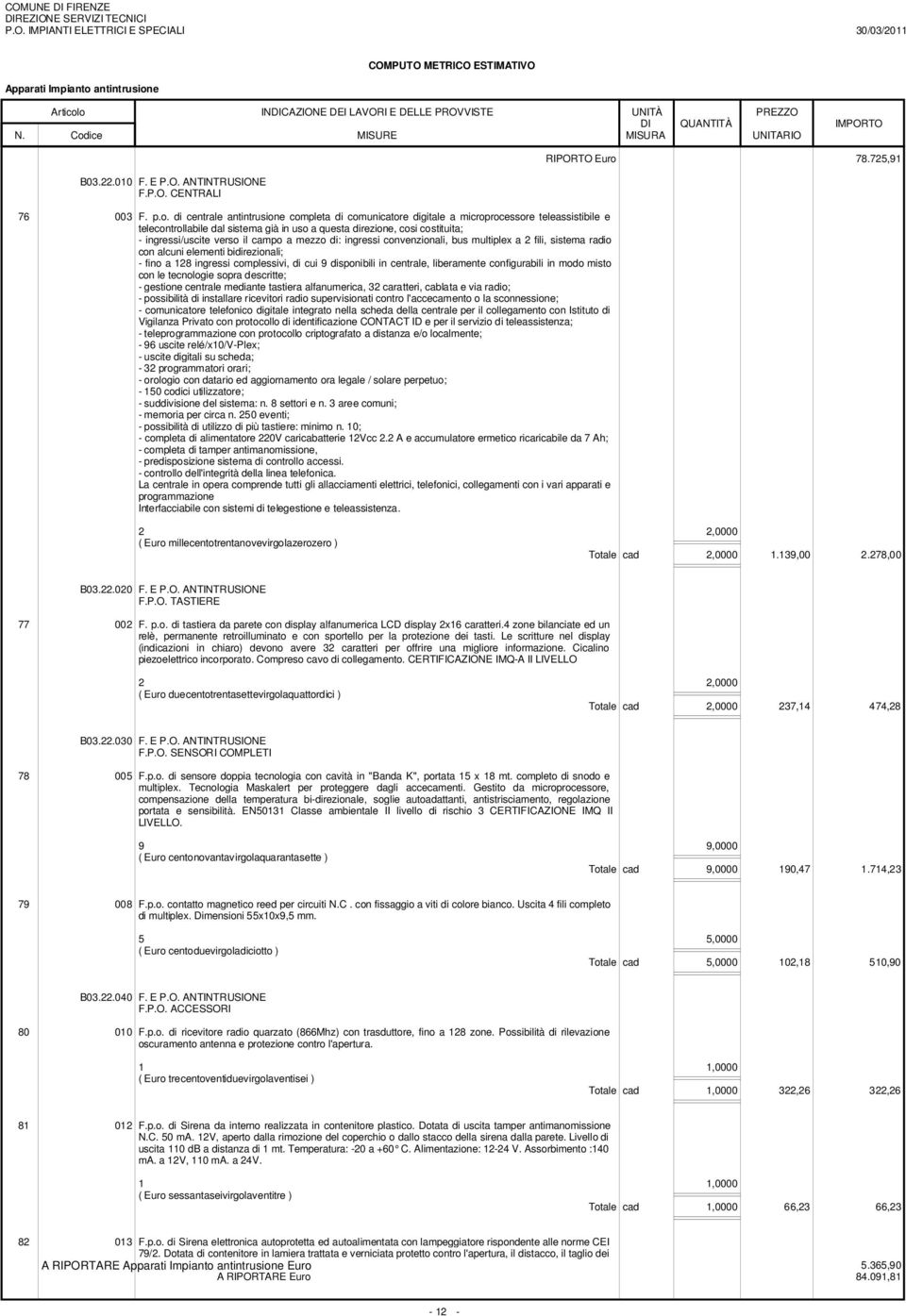 e B03.22.010 F. E P.O. ANTINTRUSIONE F.P.O. CENTRALI 76 003 F. p.o.