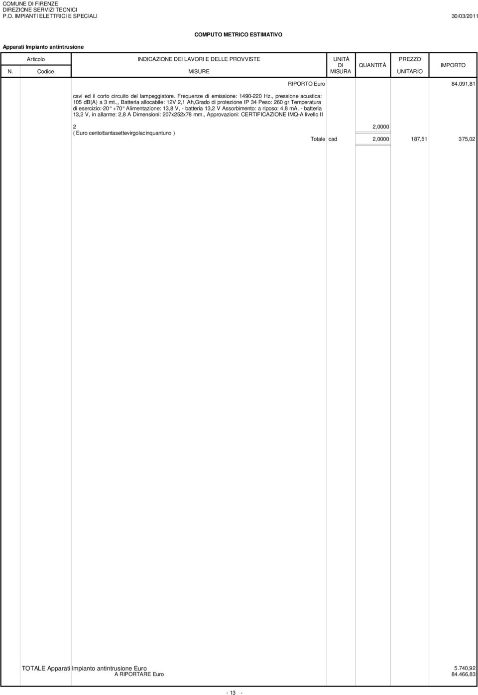 Assorbimento: a riposo: 4,8 ma. - batteria 13,2 V, in allarme: 2,8 A Dimensioni: 207x252x78 mm., Approvazioni: CERTIFICAZIONE IMQ-A livello II RIPORTO Euro 84.