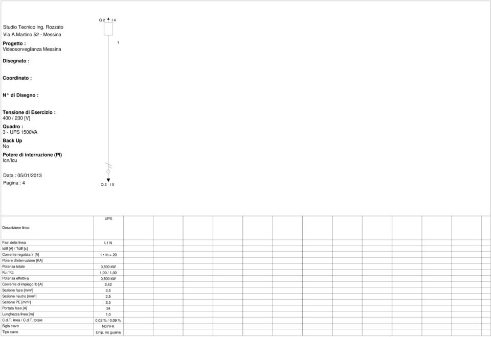 1500VA Back Up No Potere di interruzione (PI) Data : 05/01/201 Pagina : 4 Q 2 I 5 UPS Descrizione linea Fasi della linea Idiff [A] / Tdiff [s] Corrente regolata Ir