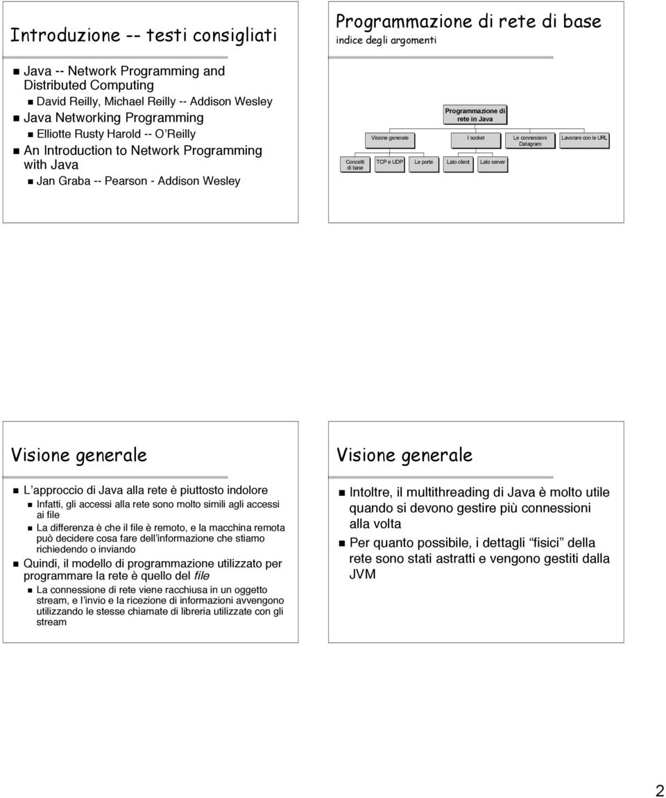 Programmazione di rete in Java Lato client I socket Lato server Le connessioni Datagram Lavorare con le URL Visione generale L approccio di Java alla rete è piuttosto indolore Infatti, gli accessi