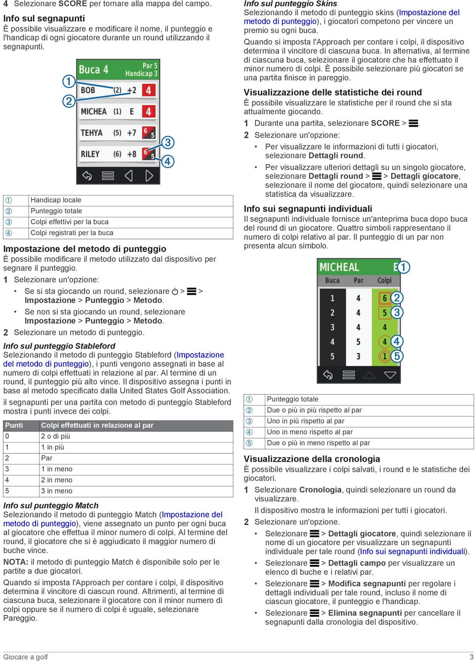 À Á Â Ã Handicap locale Punteggio totale Colpi effettivi per la buca Colpi registrati per la buca Impostazione del metodo di punteggio È possibile modificare il metodo utilizzato dal dispositivo per