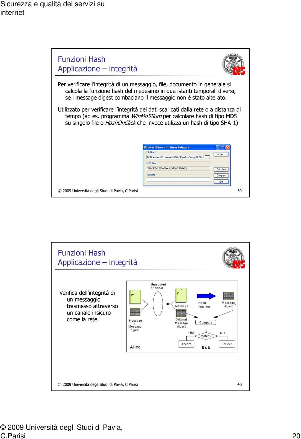 Utilizzato per verificare l integrità dei dati scaricati dalla rete o a distanza di tempo (ad es.