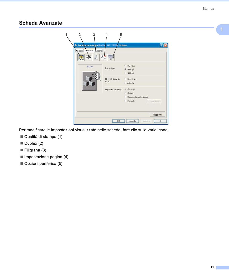 sulle varie icone: Qualità di stampa (1) Duplex (2)