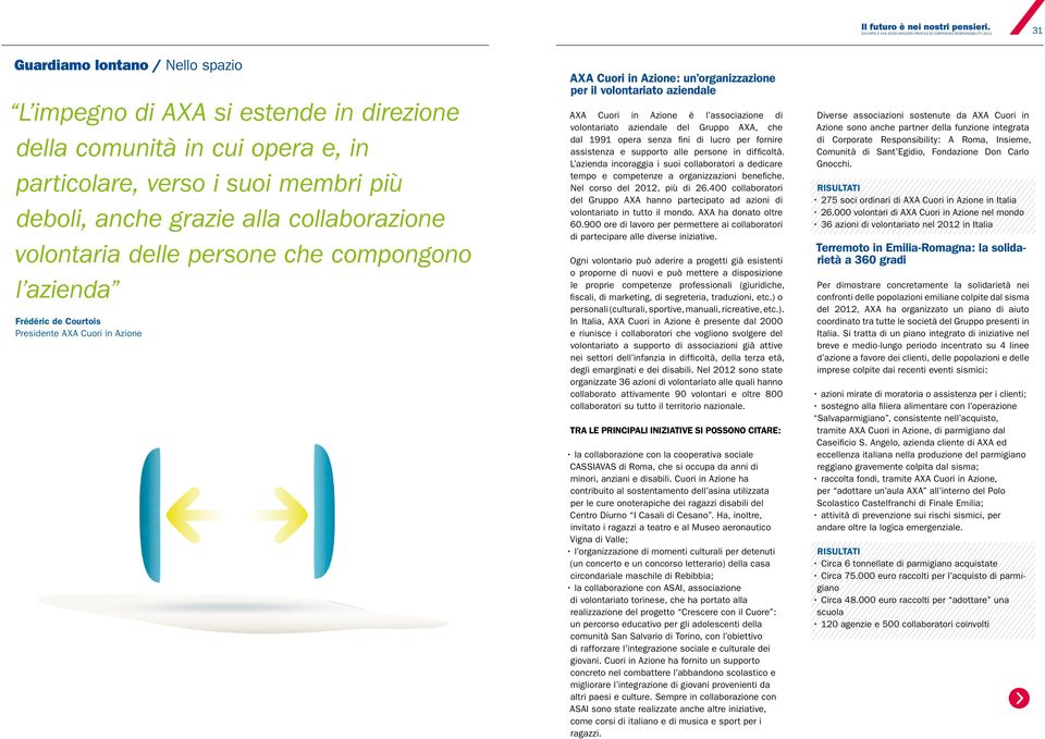 volontariato aziendale del Gruppo AXA, che dal 1991 opera senza fini di lucro per fornire assistenza e supporto alle persone in difficoltà.