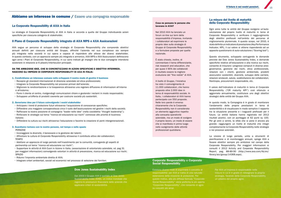 Il Piano di Corporate Responsibility integrato di AXA MPS e AXA Assicurazioni AXA segue un percorso di sviluppo della strategia di Corporate Responsibility che comprende obiettivi annuali definiti