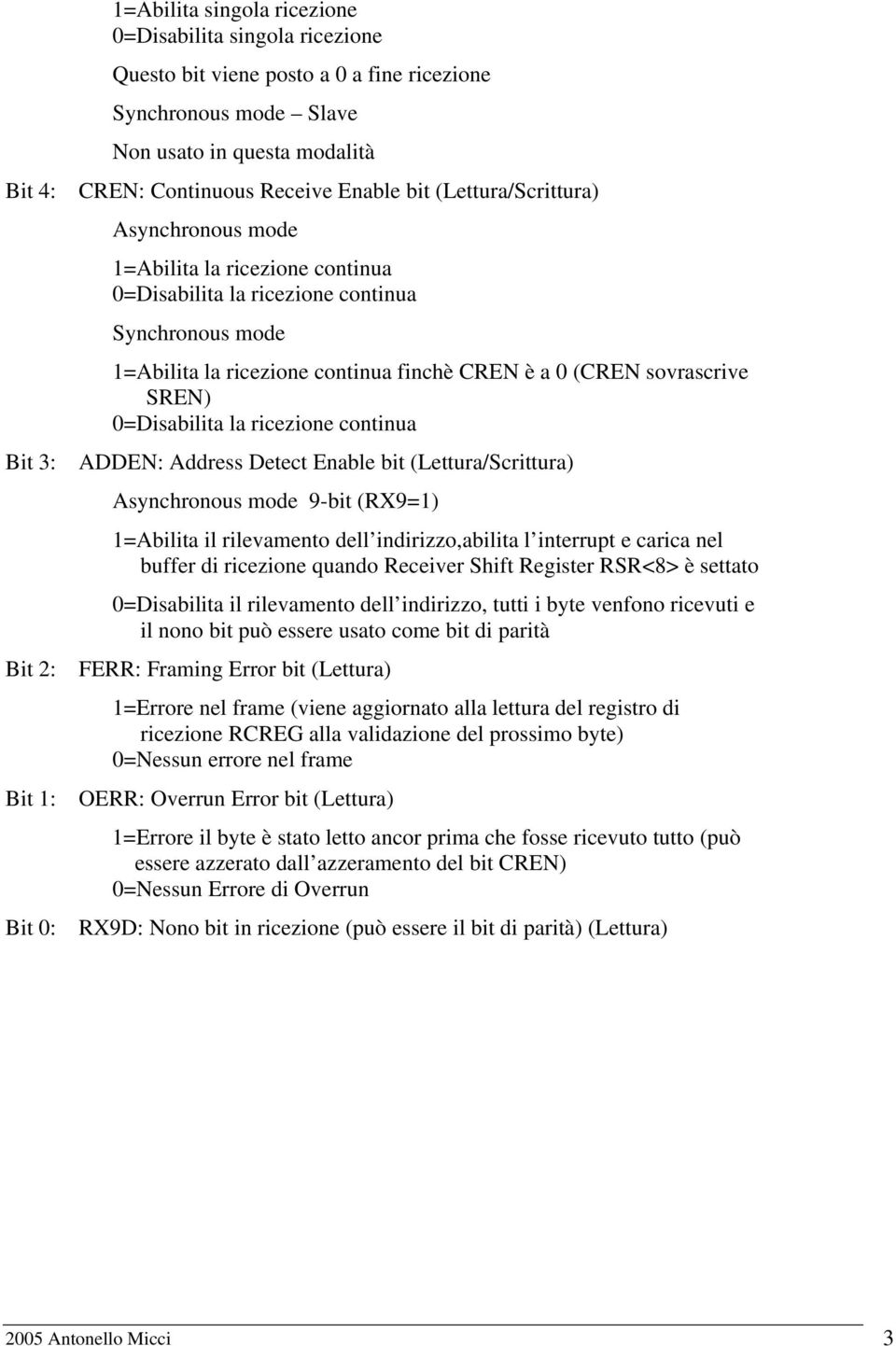 0 (CREN sovrascrive SREN) 0=Disabilita la ricezione continua ADDEN: Address Detect Enable bit (Lettura/Scrittura) Asynchronous mode 9-bit (RX9=1) 1=Abilita il rilevamento dell indirizzo,abilita l