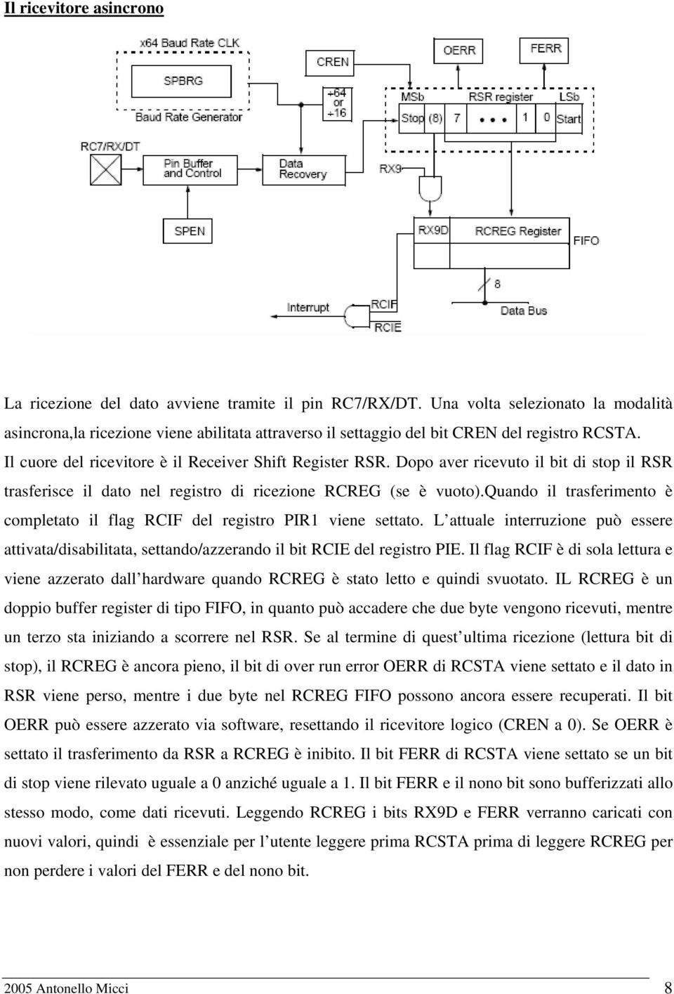 Dopo aver ricevuto il bit di stop il RSR trasferisce il dato nel registro di ricezione RCREG (se è vuoto).quando il trasferimento è completato il flag RCIF del registro PIR1 viene settato.