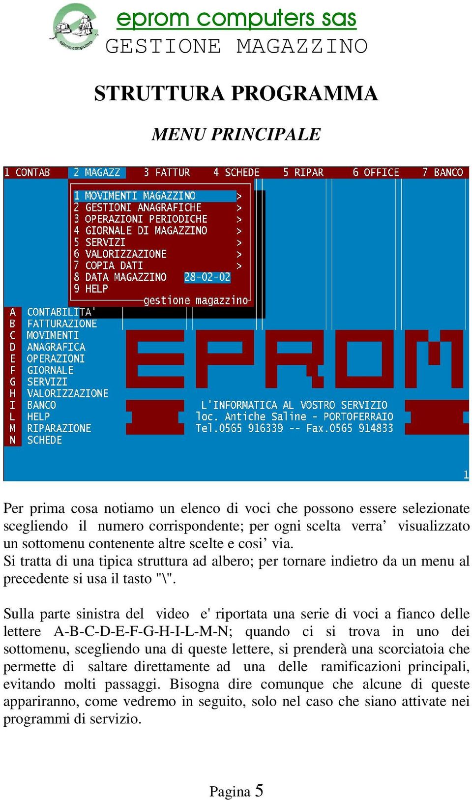 Sulla parte sinistra del video e' riportata una serie di voci a fianco delle lettere A-B-C-D-E-F-G-H-I-L-M-N; quando ci si trova in uno dei sottomenu, scegliendo una di queste lettere, si prenderà