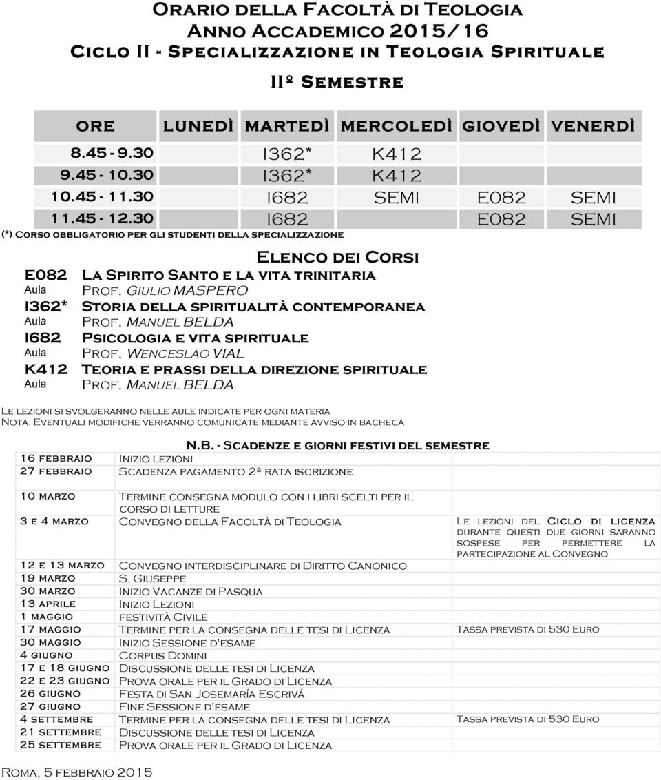 MANUEL BELDA I682 Psicologia e vita spirituale Prof. WENCESLAO VIAL K412 Teoria e prassi della direzione spirituale Prof.