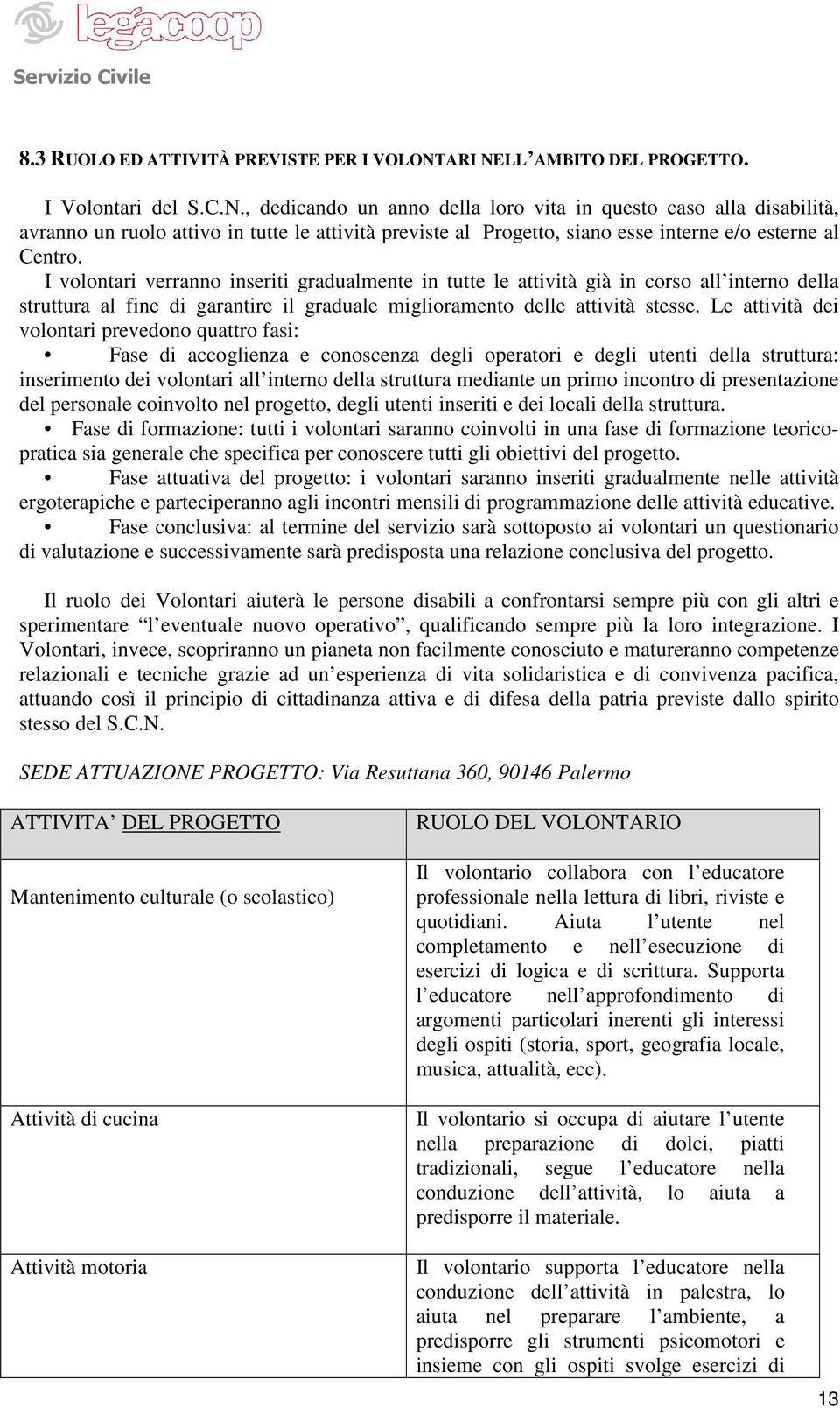 I volontari verranno inseriti gradualmente in tutte le attività già in corso all interno della struttura al fine di garantire il graduale miglioramento delle attività stesse.