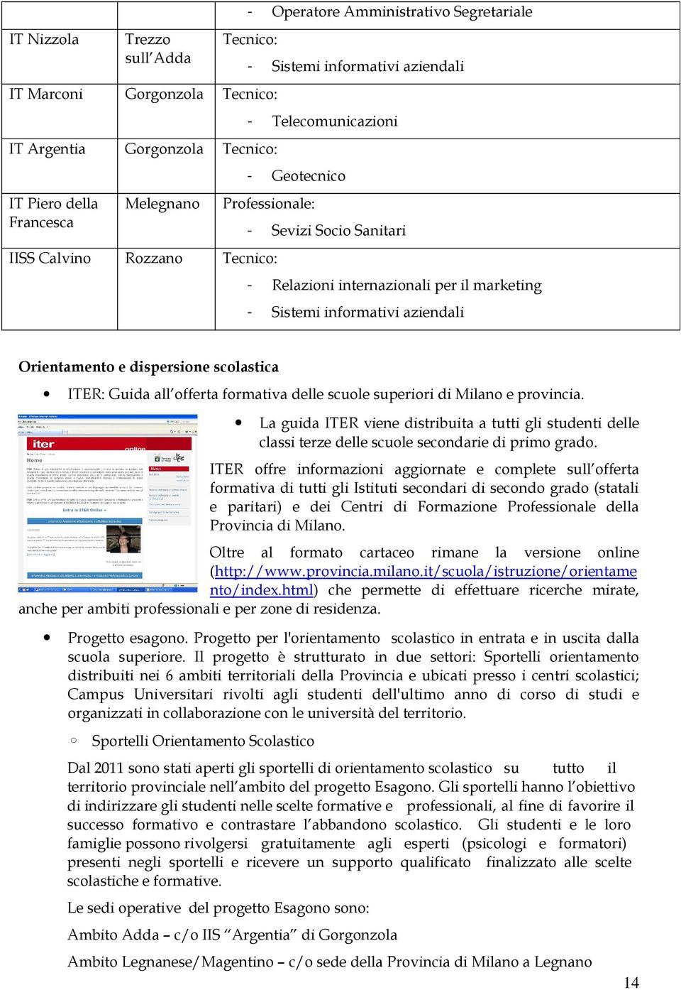 Orientamento e dispersione scolastica ITER: Guida all offerta formativa delle scuole superiori di Milano e provincia.