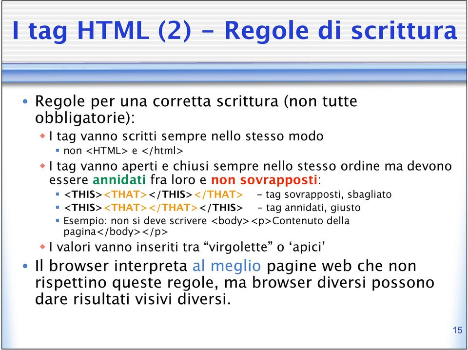 <THIS><THAT></THAT></THIS> - tag sovrapposti, sbagliato - tag annidati, giusto Esempio: non si deve scrivere <body><p>contenuto della pagina</body></p> I