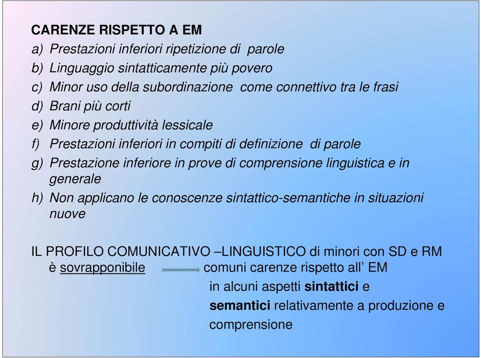 inferiore in prove di comprensione linguistica e in generale h) Non applicano le conoscenze sintattico-semantiche in situazioni nuove IL PROFILO