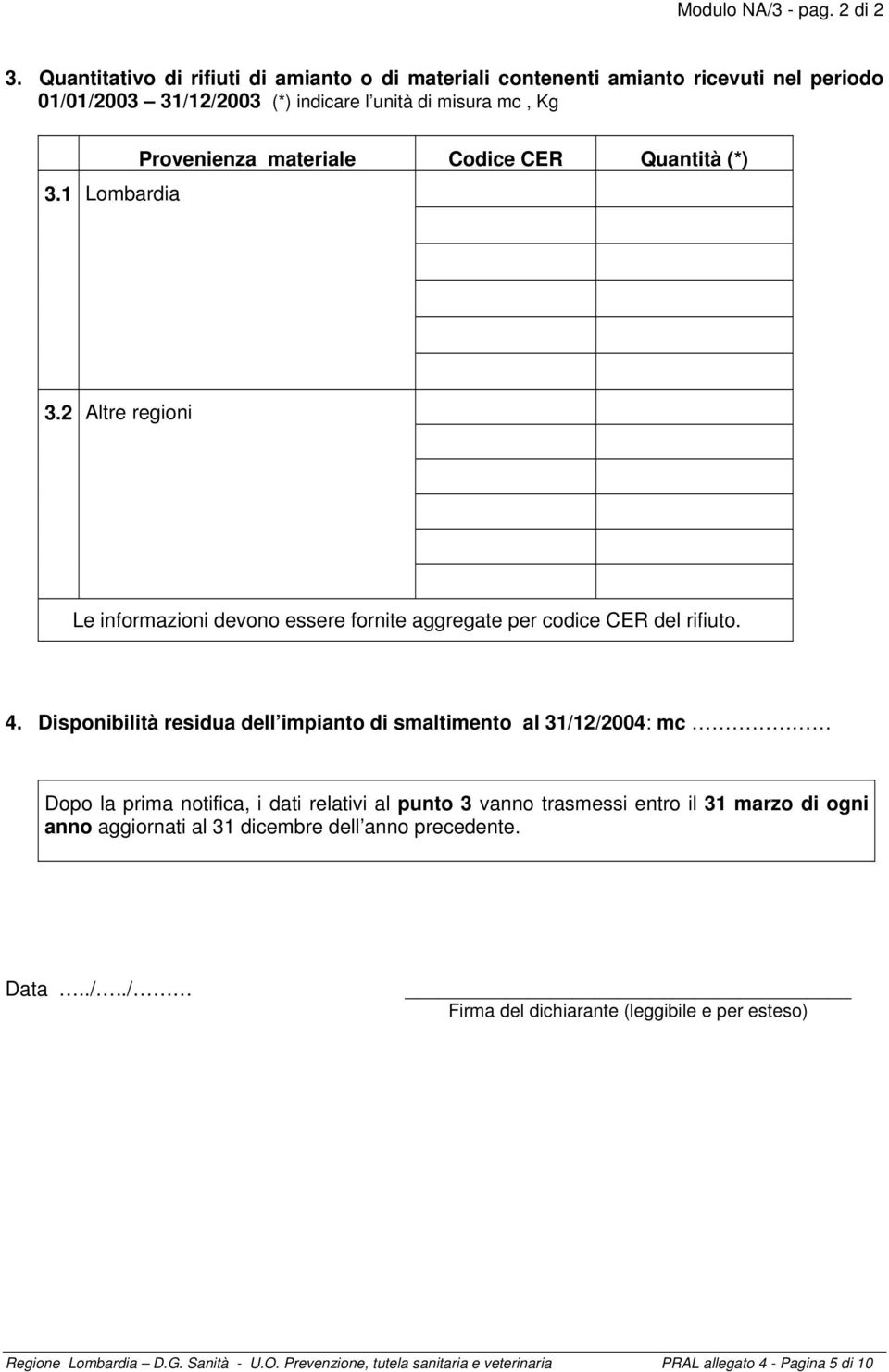 Disponibilità residua dell impianto di smaltimento al 31/12/2004: mc Dopo la prima notifica, i dati relativi al punto 3 vanno trasmessi entro il 31 marzo di ogni anno aggiornati al