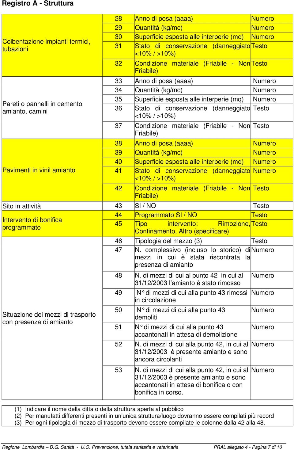 esposta alle interperie (mq) 36 Stato di conservazione (danneggiato Testo <10% / >10%) 37 Condizione materiale (Friabile - Non Friabile) Testo 38 Anno di posa (aaaa) 39 Quantità (kg/mc) 40 Superficie