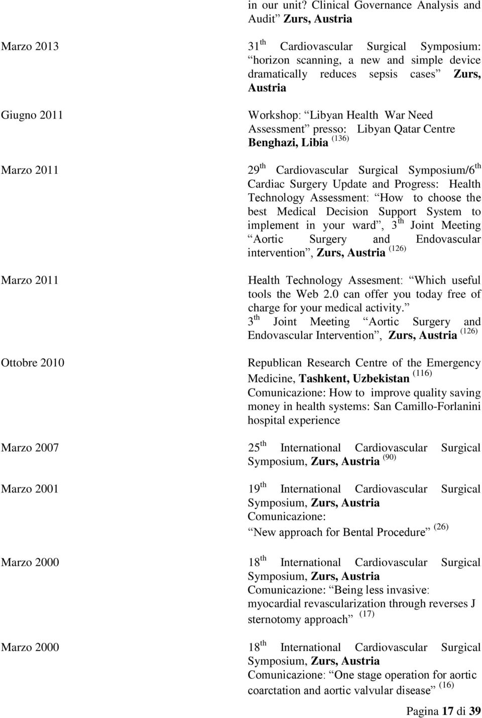 Giugno 2011 Workshop: Libyan Health War Need Assessment presso: Libyan Qatar Centre Benghazi, Libia (136) Marzo 2011 29 th Cardiovascular Surgical Symposium/6 th Cardiac Surgery Update and Progress: