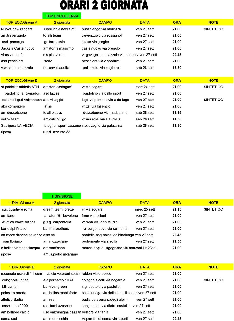 massimo castelnuovo via oregolo ven 27 sett 21.00 virus virtus fc c.s picoverde vr gavagnin c.mazzola via bodoni / ven 27 sett 20.45 asd peschiera sorte peschiera via c.sportivo ven 27 sett 21.00 v.w.