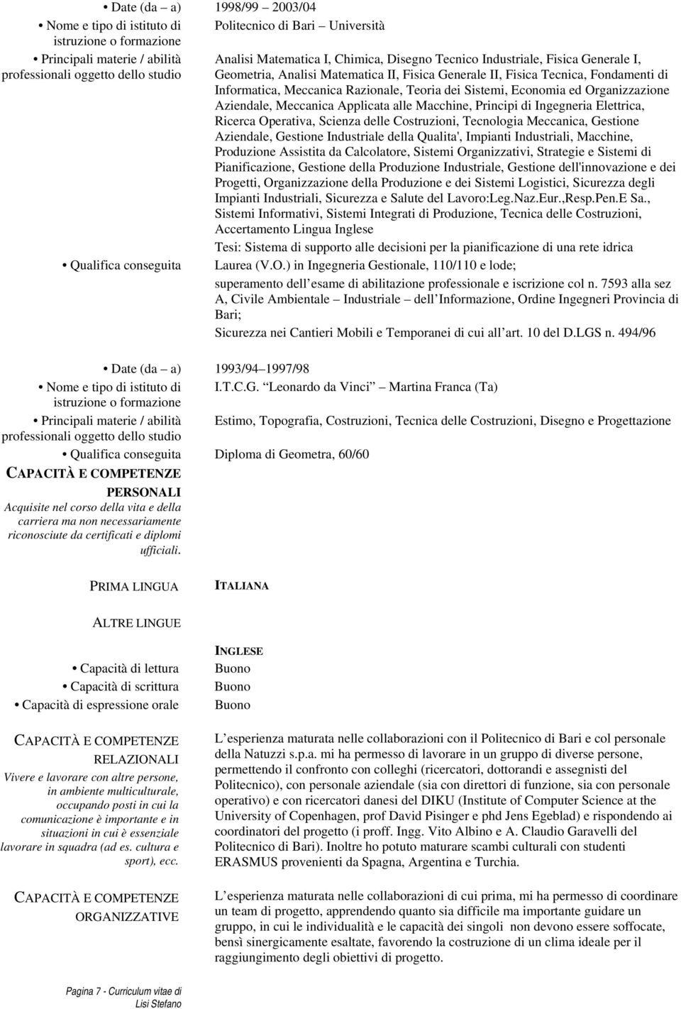 alle Macchine, Principi di Ingegneria Elettrica, Ricerca Operativa, Scienza delle Costruzioni, Tecnologia Meccanica, Gestione Aziendale, Gestione Industriale della Qualita', Impianti Industriali,