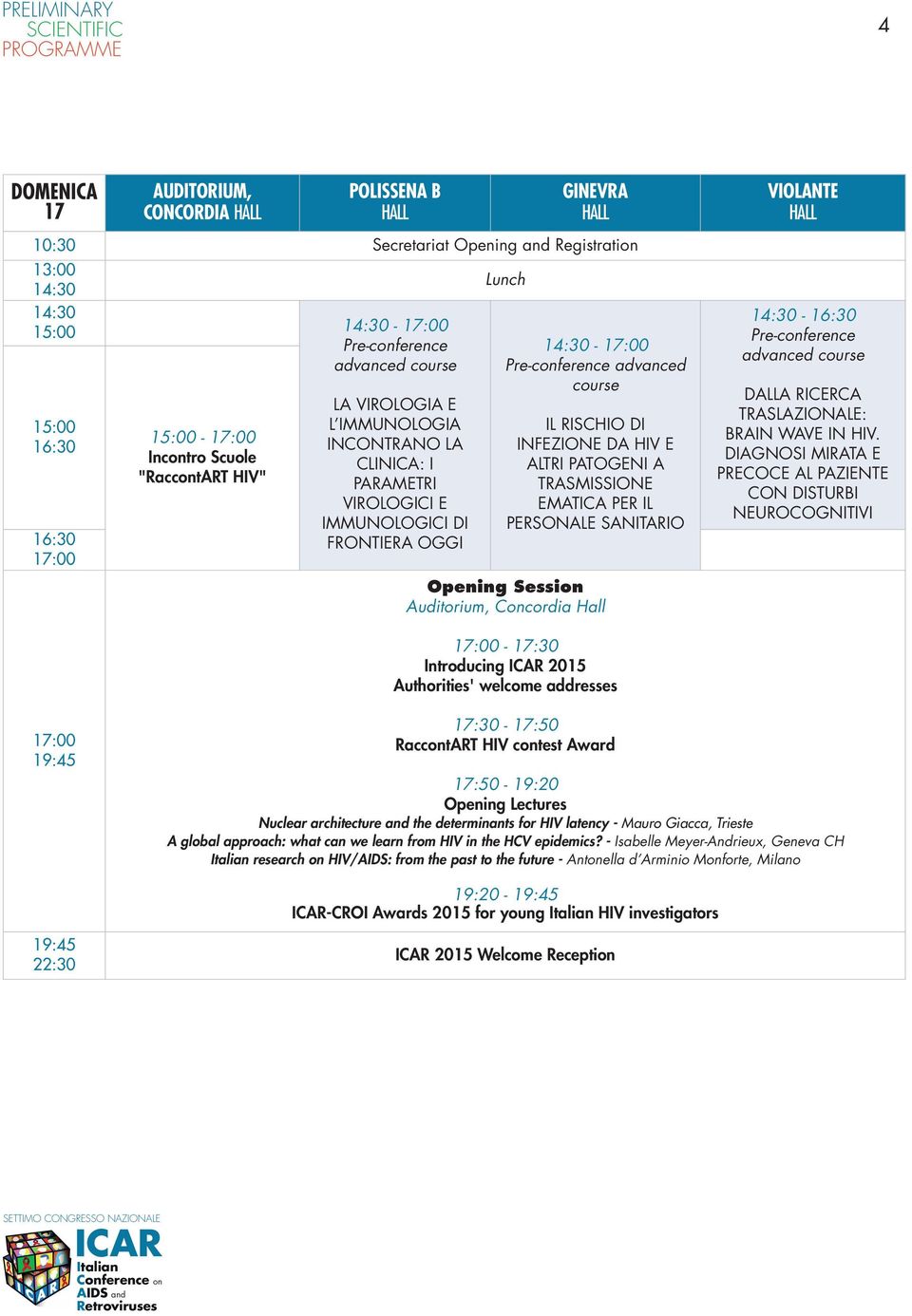 OGGI 14:30-17:00 Pre-conference advanced course IL RISCHIO DI INFEZIONE DA HIV E ALTRI PATOGENI A TRASMISSIONE EMATICA PER IL PERSONALE SANITARIO Opening Session Auditorium, Concordia Hall VIOLANTE