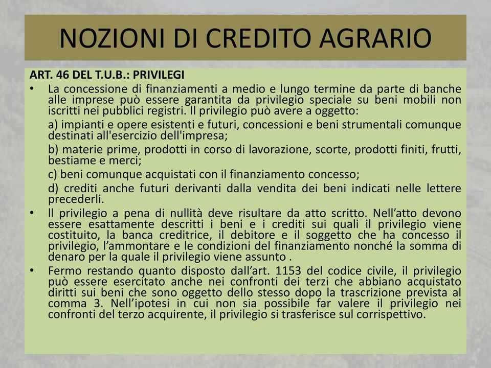 Il privilegio può avere a oggetto: a) impianti e opere esistenti e futuri, concessioni e beni strumentali comunque destinati all'esercizio dell'impresa; b) materie prime, prodotti in corso di