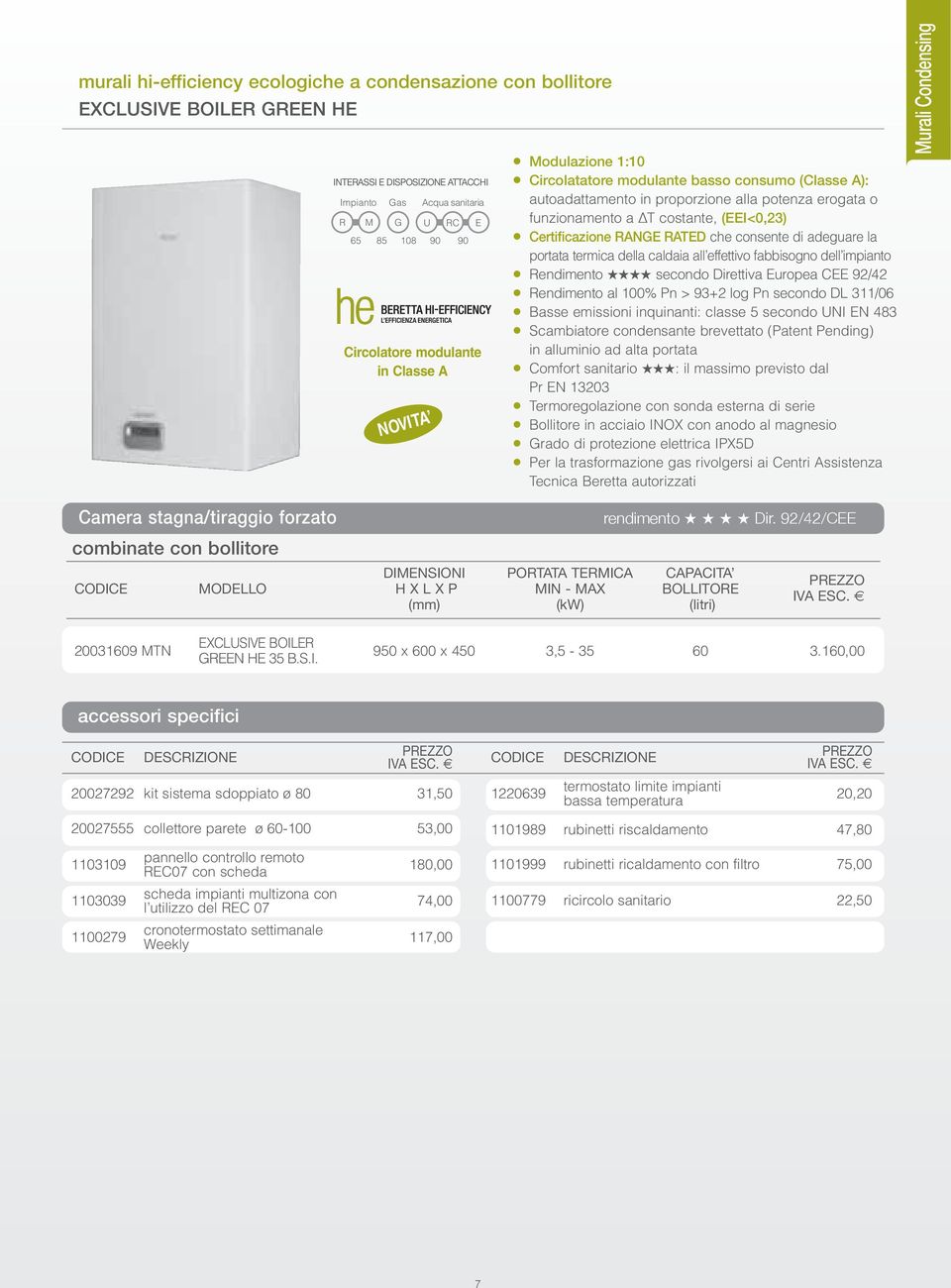 Certificazione RANGE RATED che consente di adeguare la portata termica della caldaia all effettivo fabbisogno dell impianto Rendimento secondo Direttiva Europea CEE 92/42 Rendimento al 100% Pn > 93+2