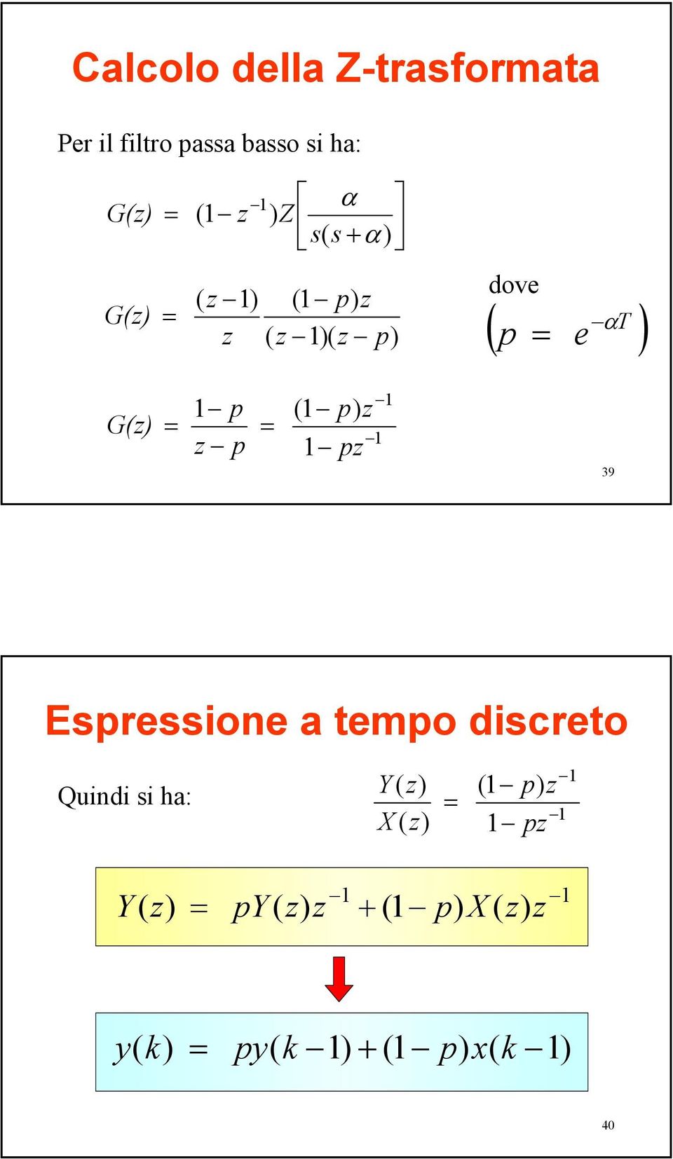 p ( p) z pz 39 Espressione a tempo discreto Quindi si ha: Y ( z) X (