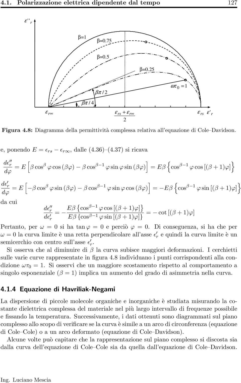 37) si icava d [ ] { } dφ = E β cos β φ cos (βφ) β cos β 1 φ sin φ sin (βφ) = Eβ cos β 1 φ cos [(β + 1)φ] dϵ [ ] { } dφ = E β cos β φ sin (βφ) β cos β 1 φ sin φ cos (βφ) = Eβ cos β 1 φ sin [(β + 1)φ]