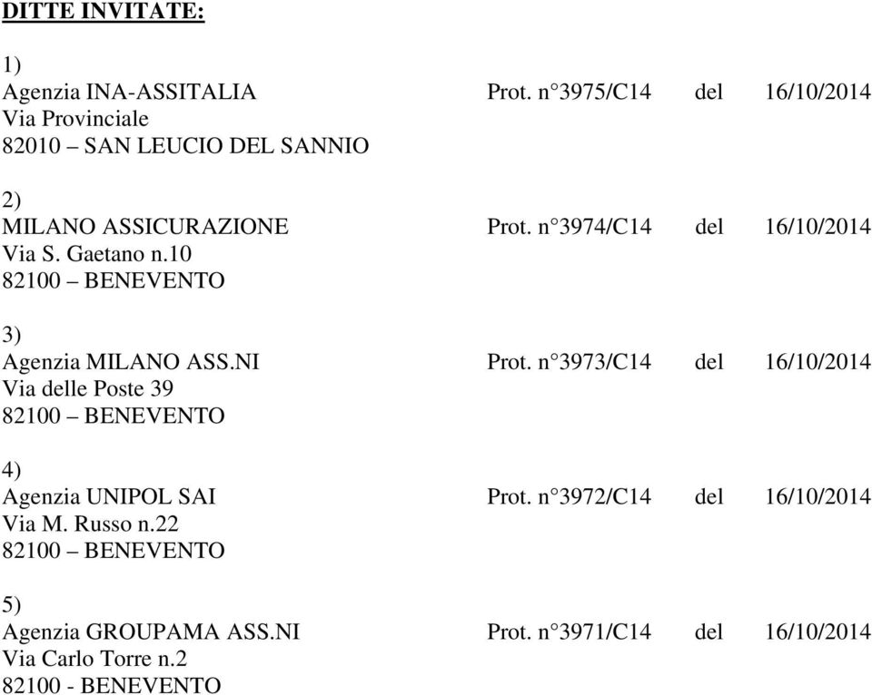 n 3974/C14 del 16/10/2014 Via S. Gaetano n.10 82100 BENEVENTO 3) Agenzia MILANO ASS.NI Prot.