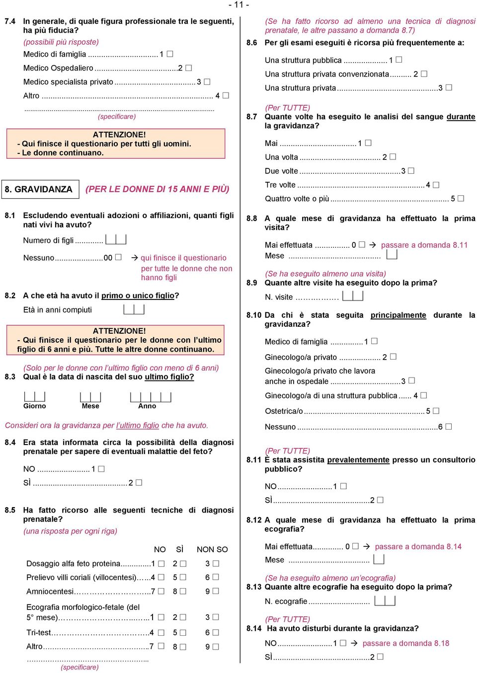 1 Escludendo eventuali adozioni o affiliazioni, quanti figli nati vivi ha avuto? Numero di figli... Nessuno...00 8.2 A che età ha avuto il primo o unico figlio?