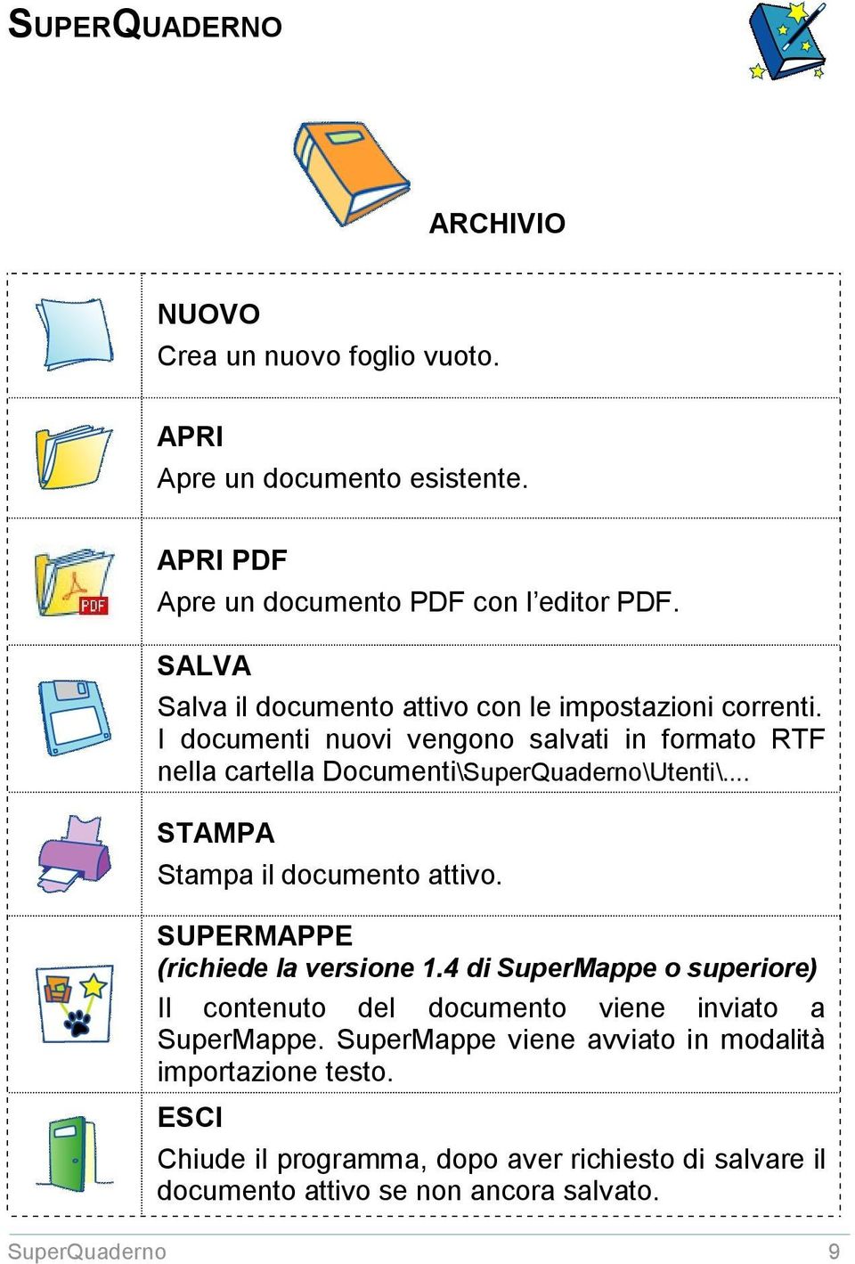 I documenti nuovi vengono salvati in formato RTF nella cartella Documenti\SuperQuaderno\Utenti\... STAMPA Stampa il documento attivo.