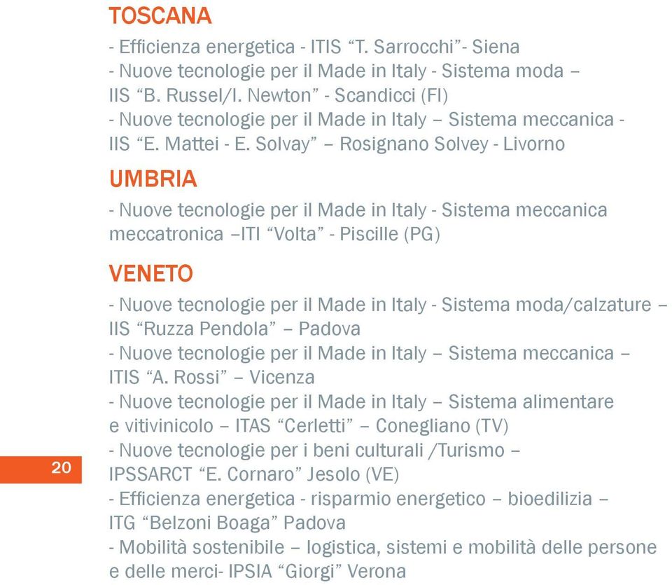 Solvay Rosignano Solvey - Livorno UMBRIA - Nuove tecnologie per il Made in Italy - Sistema meccanica meccatronica ITI Volta - Piscille (PG) 20 VENETO - Nuove tecnologie per il Made in Italy - Sistema
