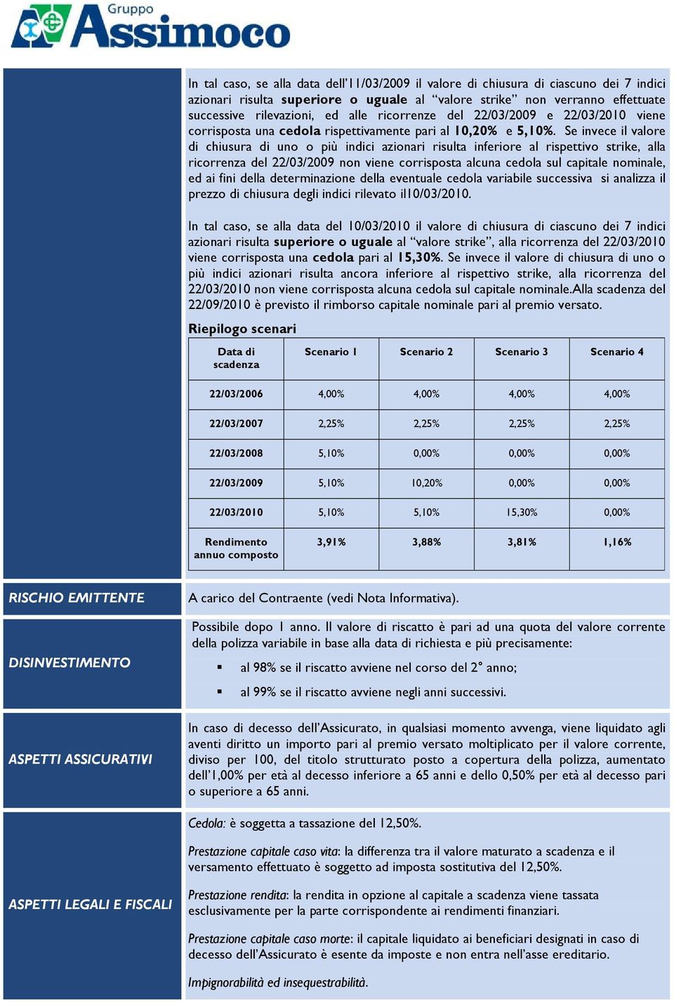 Se invece il valore di chiusura di uno o più indici azionari risulta inferiore al rispettivo strike, alla ricorrenza del 22/03/2009 non viene corrisposta alcuna cedola sul capitale nominale, ed ai