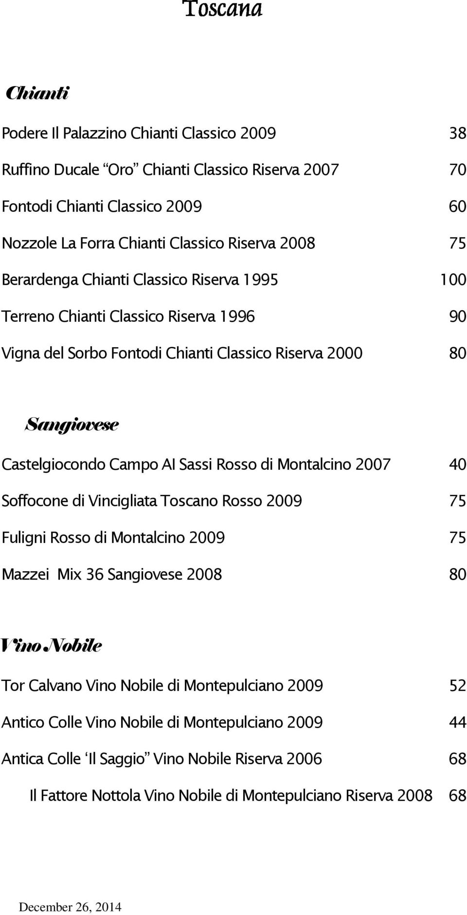 Sassi Rosso di Montalcino 2007 40 Soffocone di Vincigliata Toscano Rosso 2009 75 Fuligni Rosso di Montalcino 2009 75 Mazzei Mix 36 Sangiovese 2008 80 Vino Nobile Tor Calvano Vino Nobile