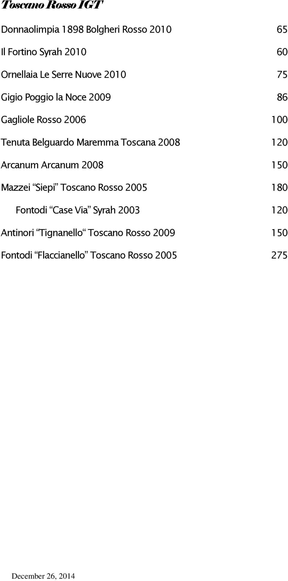 Toscana 2008 120 Arcanum Arcanum 2008 150 Mazzei Siepi Toscano Rosso 2005 180 Fontodi Case Via