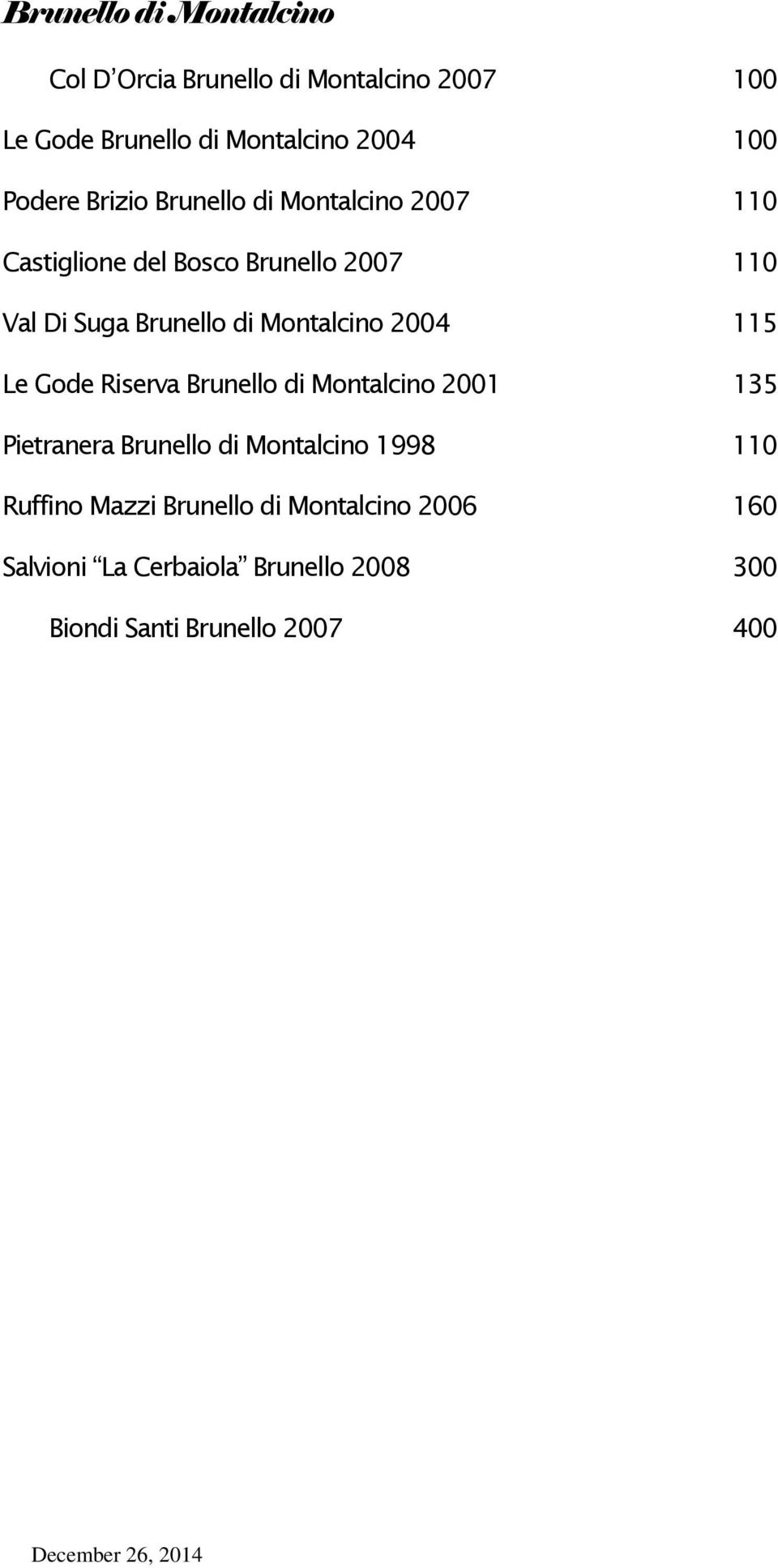 Montalcino 2004 115 Le Gode Riserva Brunello di Montalcino 2001 135 Pietranera Brunello di Montalcino 1998 110