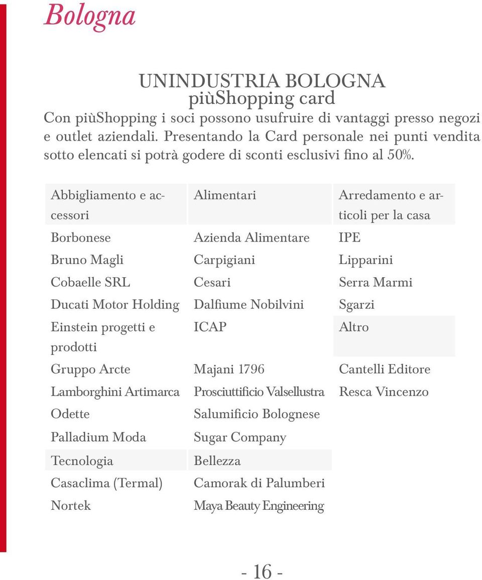 Abbigliamento e accessori Alimentari Arredamento e articoli per la casa Borbonese Azienda Alimentare IPE Bruno Magli Carpigiani Lipparini Cobaelle SRL Cesari Serra Marmi Ducati Motor Holding