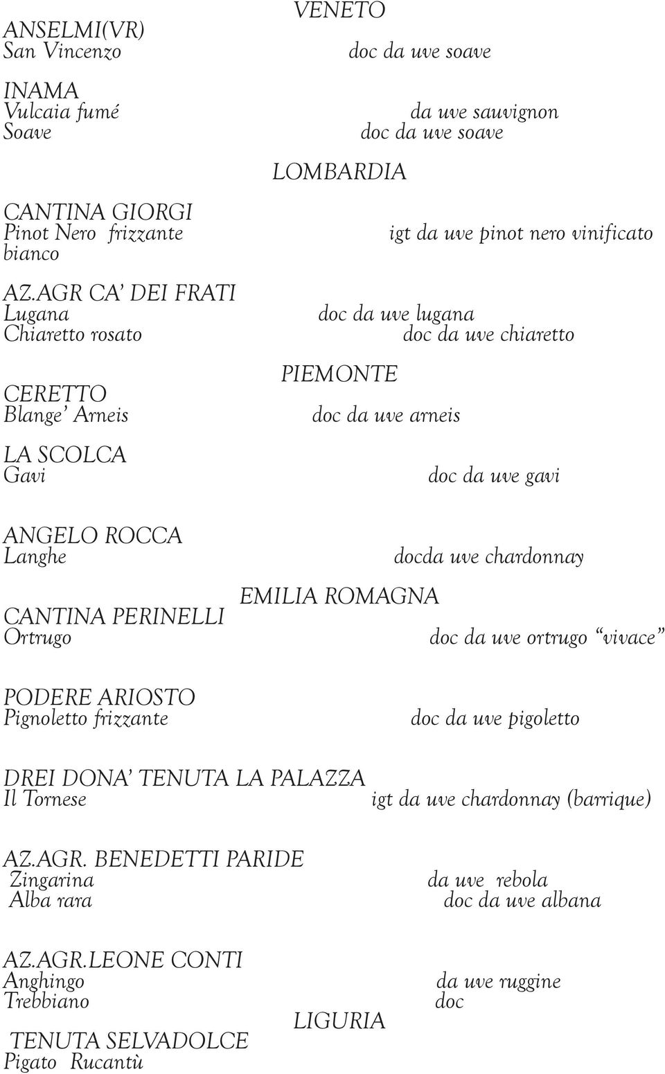 sauvignon doc da uve soave LOMBARDIA igt da uve pinot nero vinificato doc da uve lugana doc da uve chiaretto PIEMONTE doc da uve arneis doc da uve gavi docda uve chardonnay EMILIA ROMAGNA doc