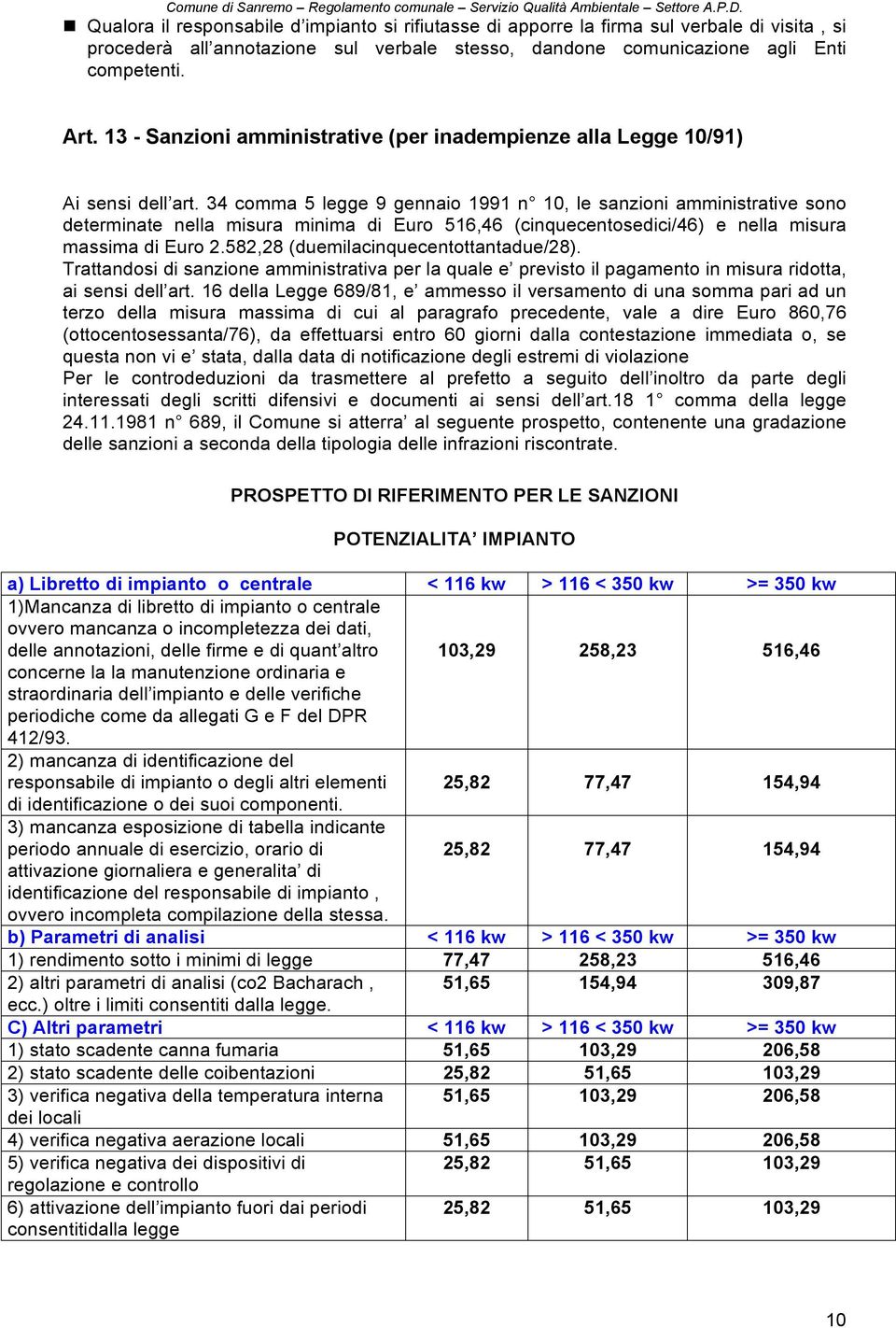 34 comma 5 legge 9 gennaio 1991 n 10, le sanzioni amministrative sono determinate nella misura minima di Euro 516,46 (cinquecentosedici/46) e nella misura massima di Euro 2.