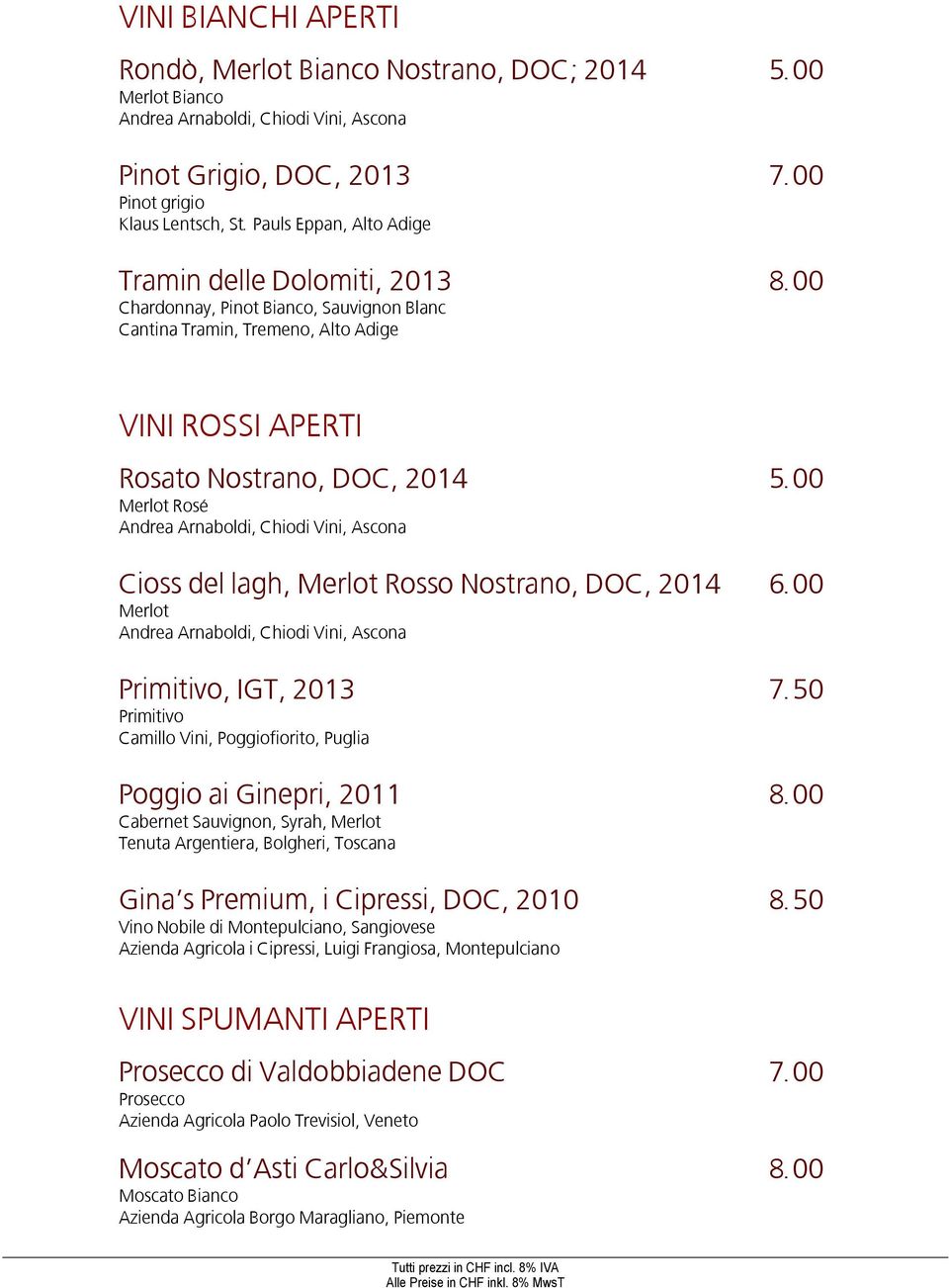 00 Rosé Andrea Arnaboldi, Chiodi Vini, Ascona Cioss del lagh, Rosso Nostrano, DOC, 2014 6.00 Andrea Arnaboldi, Chiodi Vini, Ascona Primitivo, IGT, 2013 7.