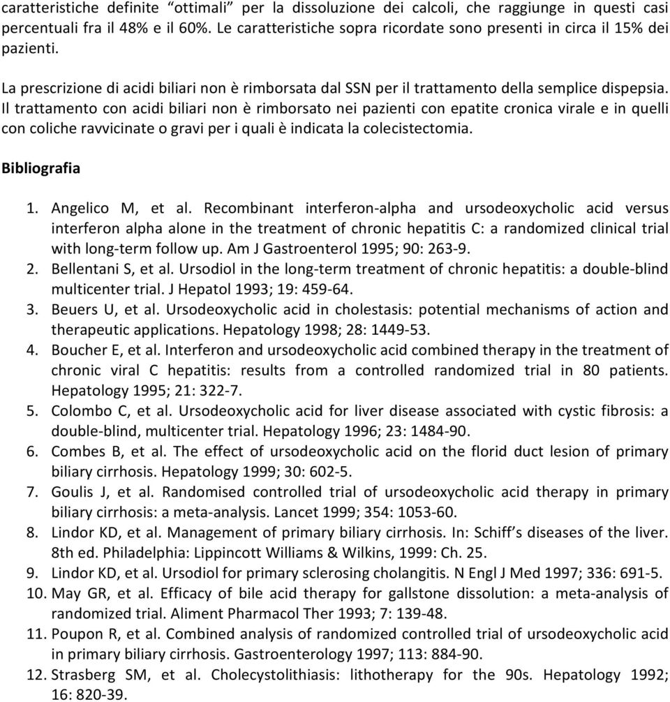 Il trattamento con acidi biliari non è rimborsato nei pazienti con epatite cronica virale e in quelli con coliche ravvicinate o gravi per i quali è indicata la colecistectomia. Bibliografia 1.