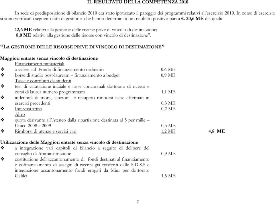 20,6 ME dei quali: 12,6 ME relativi alla gestione delle risorse prive di vincolo di destinazione; 8,0 ME relativi alla gestione delle risorse con vincolo di destinazione.