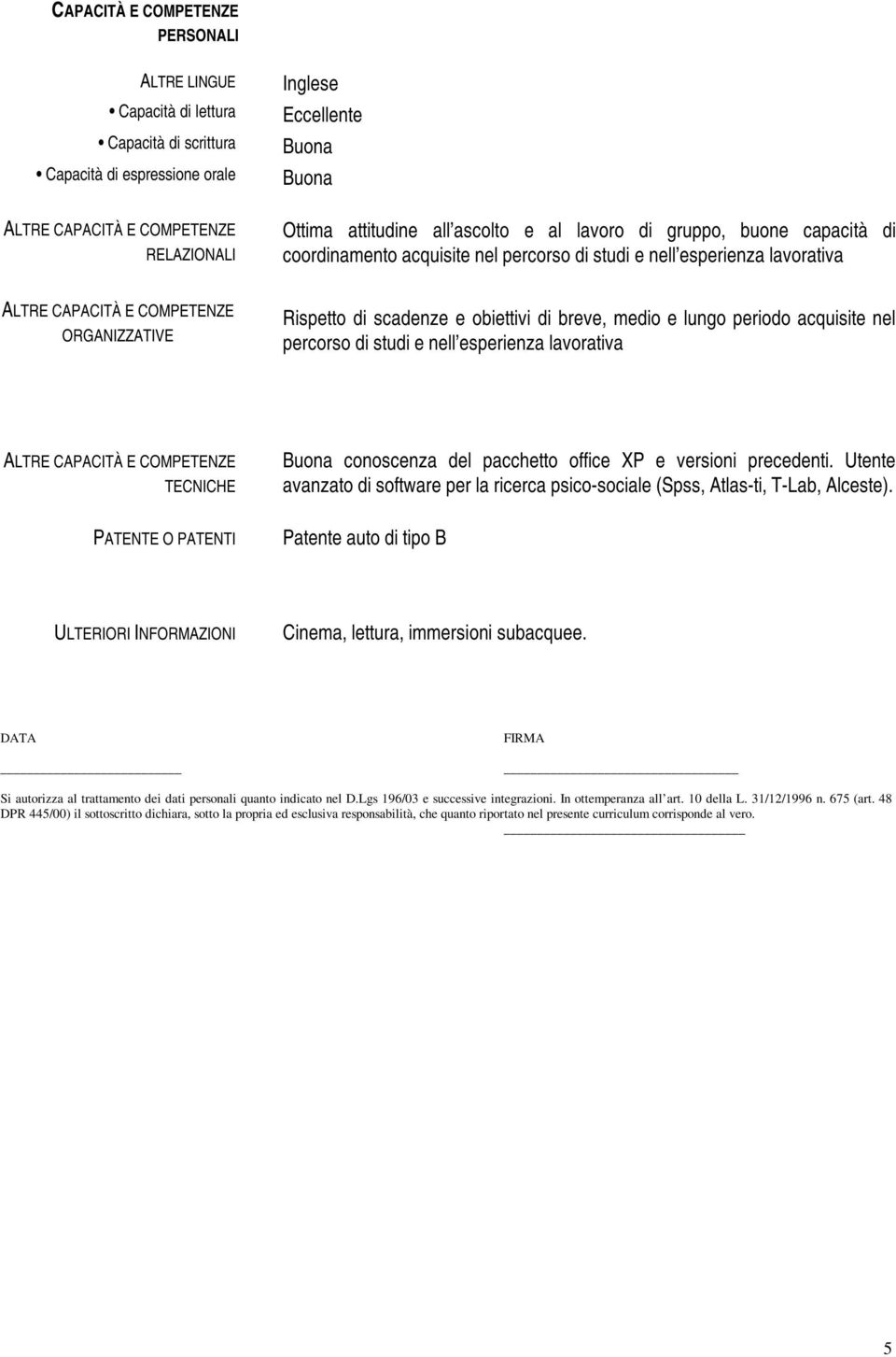 percorso di studi e nell esperienza lavorativa TECNICHE Buona conoscenza del pacchetto office XP e versioni precedenti.