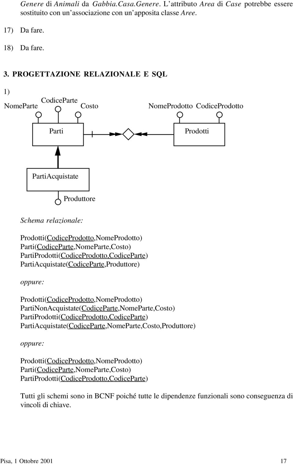 Parti(CodiceParte,NomeParte,Costo) PartiProdotti(CodiceProdotto,CodiceParte) PartiAcquistate(CodiceParte,Produttore) oppure: Prodotti(CodiceProdotto,NomeProdotto)