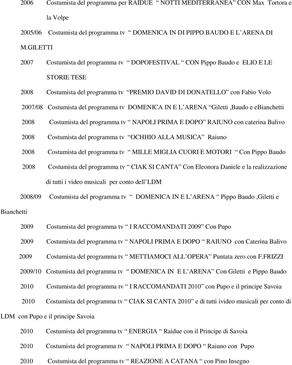 programma tv DOMENICA IN E L ARENA Giletti,Baudo e ebianchetti 2008 Costumista del programma tv NAPOLI PRIMA E DOPO RAIUNO con caterina Balivo 2008 Costumista del programma tv OCHHIO ALLA MUSICA